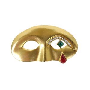Vtg Masquerade Venetian Carnival Mask Brooch Pin Gold-tone Rhinestone Teardrop